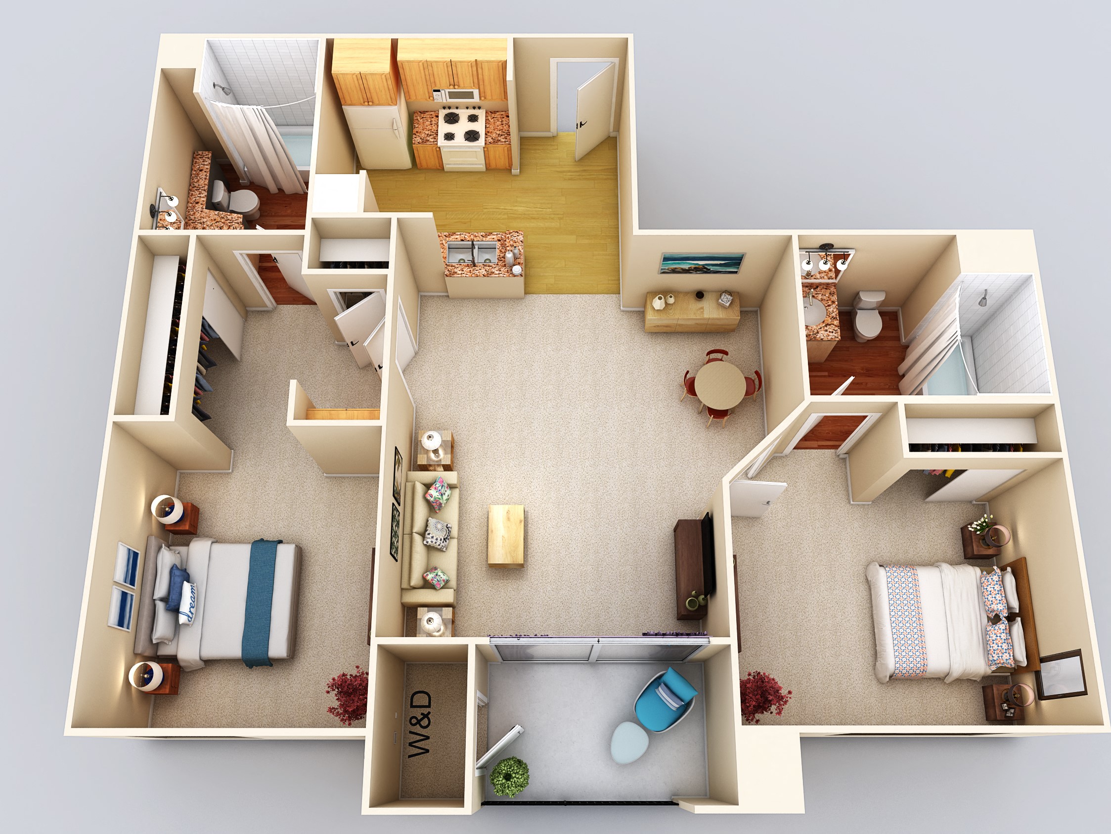 Floor plan for 2 beds, 2 baths, 911 sqft